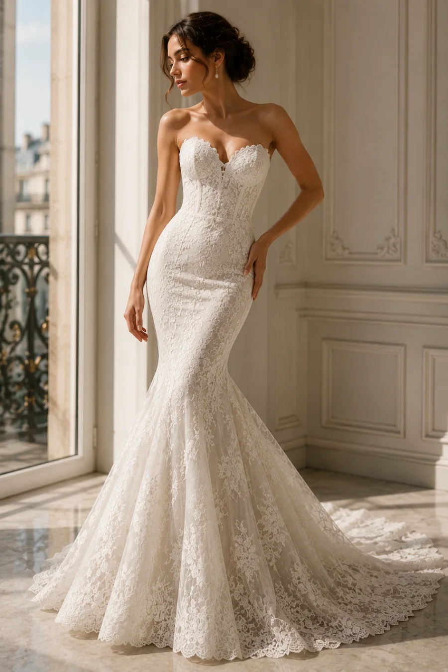 12 Timeless Lace Wedding Dress Styles We Love 7 Bride in a fitted lace mermaid wedding dress with a sweetheart neckline and lace train in a bright elegant bridal salon setting