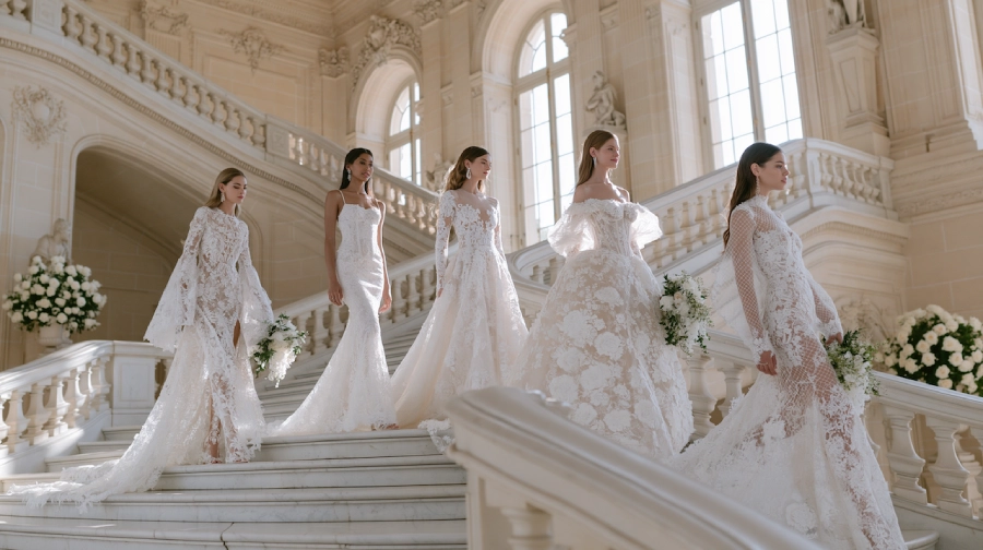 12 Timeless Lace Wedding Dress Styles We Love 2 Five brides showcase different lace wedding dress styles on a grand staircase in a luxury bridal fashion editorial portrait