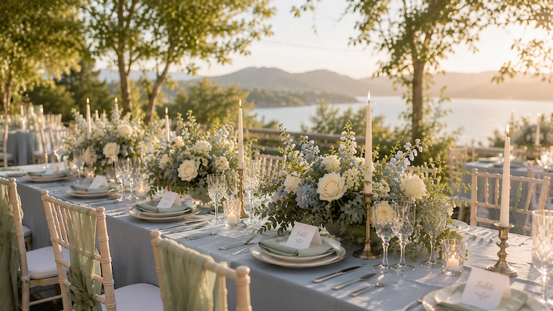 Wedding Decor 6 Elegant lakeside wedding reception with sage green linens, ivory roses, blue delphinium centerpieces, and glowing candles at sunset.