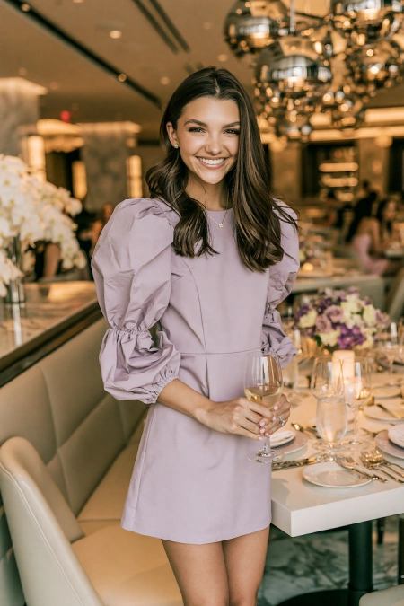 Bride-to-be in a lilac puff sleeve mini dress holding wine at a chic modern rehearsal dinner with purple floral table decor