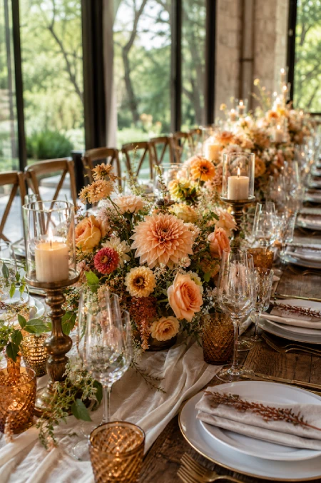 Long floral wedding centerpiece with peach dahlias, roses, candles, and greenery on a rustic banquet reception table
