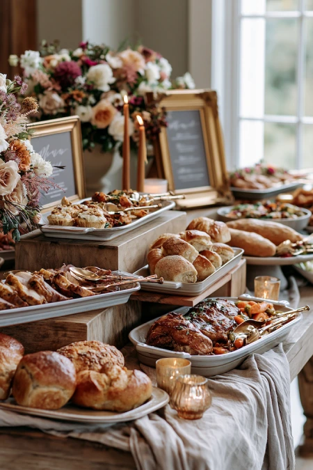 Elegant farmhouse wedding buffet with artisan breads, roasted meats, candles, florals, and elevated rustic reception styling