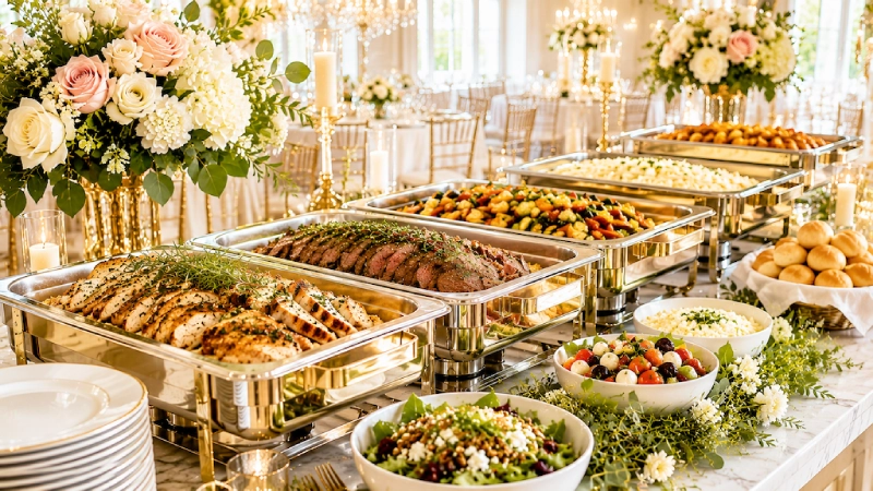 Elegant wedding buffet with carved meats, fresh salads, hot entrees, and floral decor in a luxurious ballroom reception setting