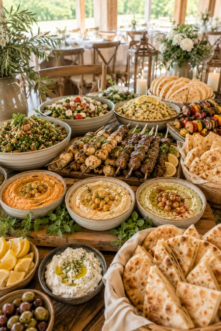 Mediterranean wedding buffet with grilled kebabs, hummus, fresh salads, pita bread, and colorful mezze for elegant reception