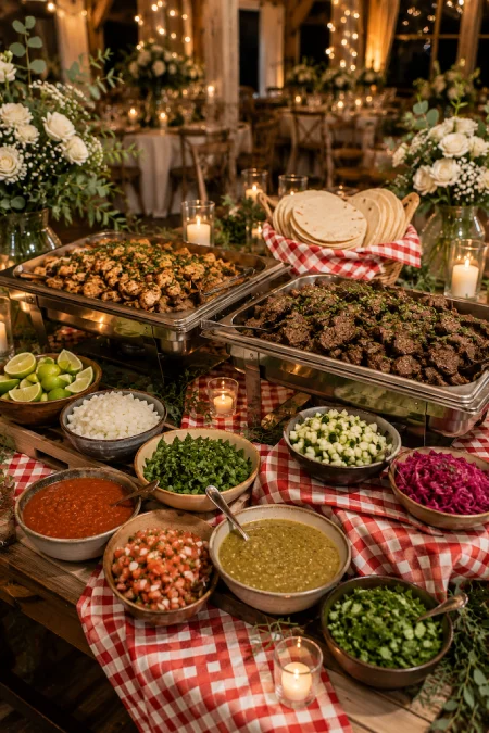 Mexican wedding buffet with grilled meats, tortillas, fresh salsas, toppings, and festive taco bar for an elegant reception