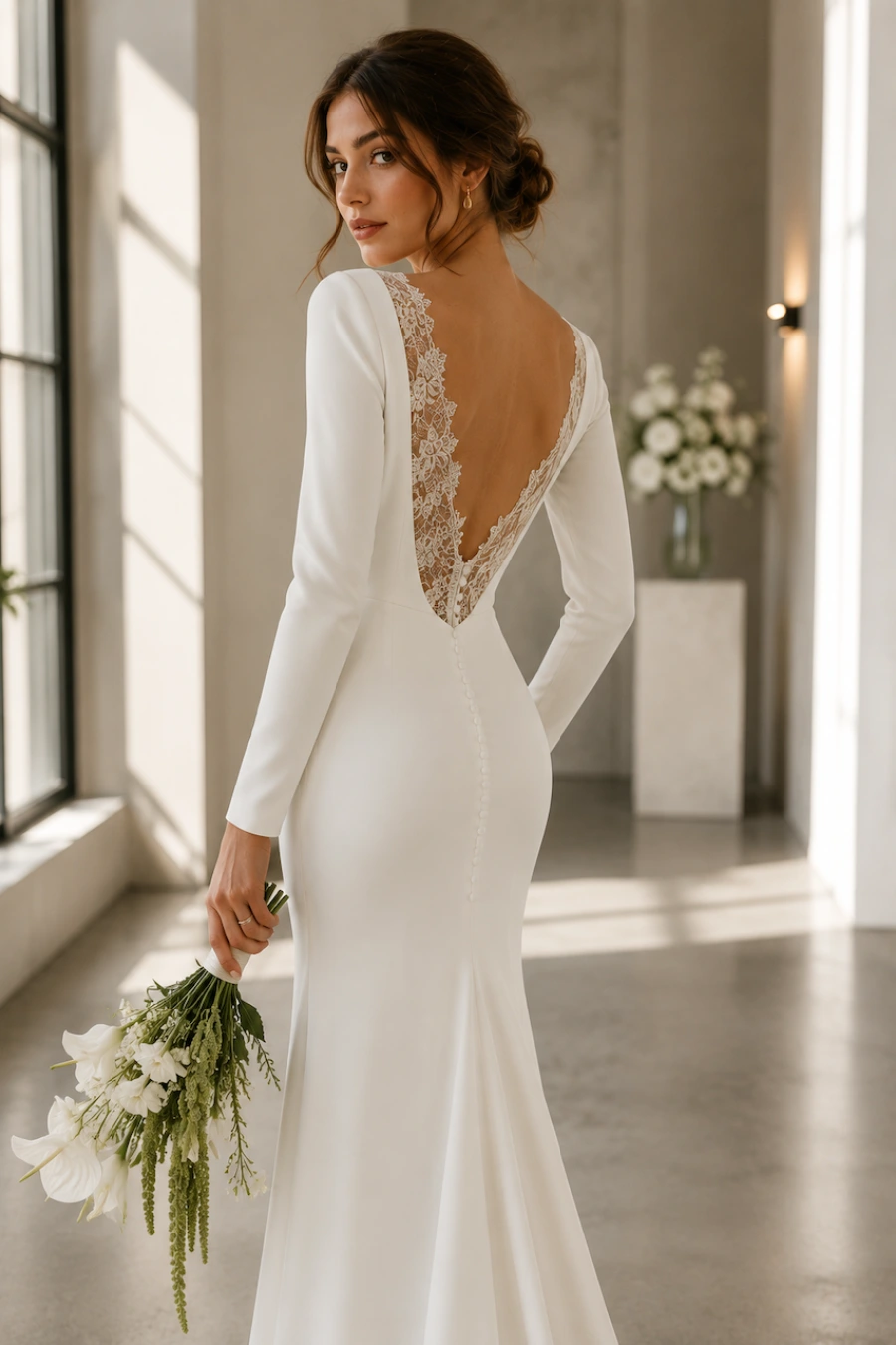 12 Timeless Lace Wedding Dress Styles We Love 6 Bride in a minimalist wedding dress with a deep lace illusion back, long sleeves, and elegant bouquet in modern bridal setting