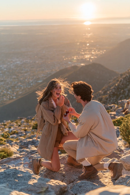 Proposal Ideas: 40 Ways to Pop the Question She'll Never Stop Talking About 7 Mountain top proposal at sunrise with a man presenting an engagement ring as his joyful partner reacts on a scenic overlook