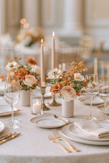Neutral fall wedding centerpiece with blush roses, ivory blooms, and taper candles on an elegant round reception table