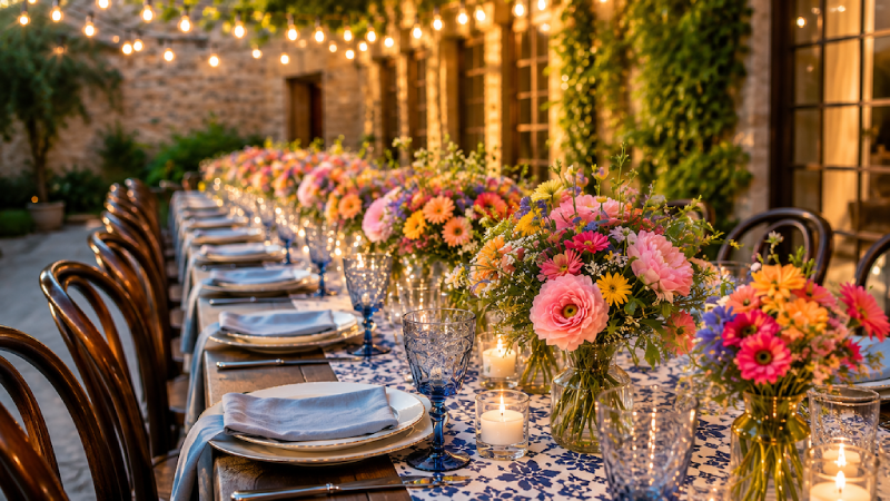 Wedding Decor 4 Long outdoor rehearsal dinner table with colorful floral centerpieces and string lights in a courtyard setting