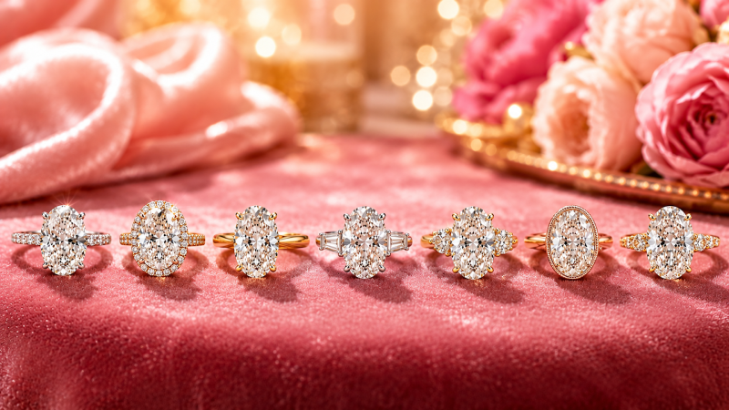 Engagement Rings 3 Seven oval diamond engagement ring styles displayed in a row on pink velvet with floral accents and warm golden bokeh background
