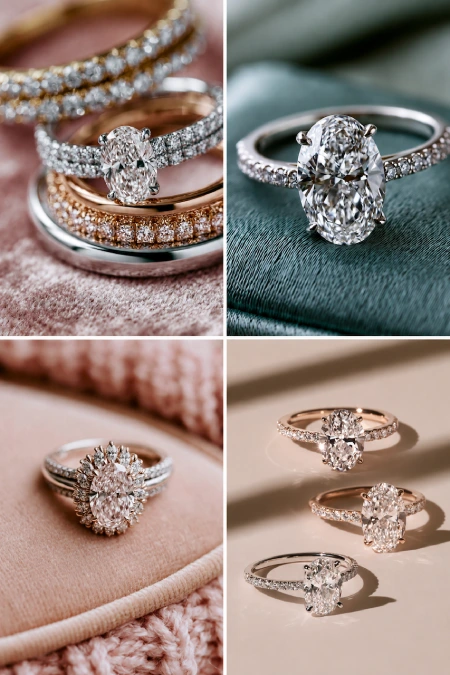 Oval Engagement Ring Obsession: Why This Cut Is Everyone's Main Character Right Now 2 Collage of oval diamond engagement rings in white, yellow, and rose gold solitaire and halo settings on soft neutral backgrounds