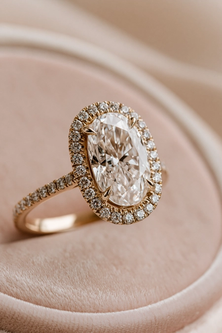 Oval Engagement Ring Obsession: Why This Cut Is Everyone's Main Character Right Now 10 Oval diamond halo engagement ring with pavé band in rose gold displayed on a blush velvet ring box in soft natural light