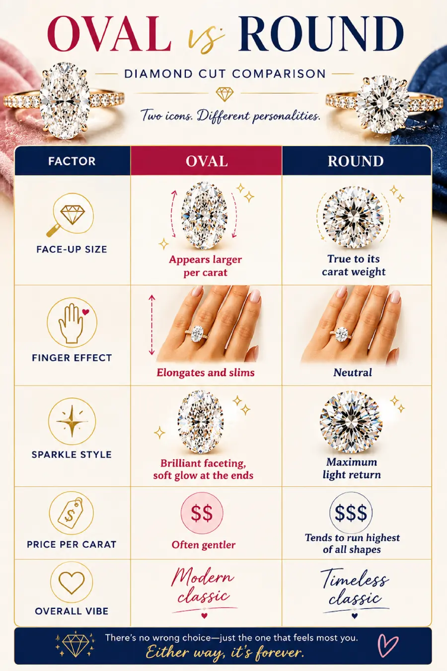 Oval Engagement Ring Obsession: Why This Cut Is Everyone's Main Character Right Now 5 Infographic comparing oval vs round diamond engagement rings by face-up size, sparkle, price, finger effect, and overall style