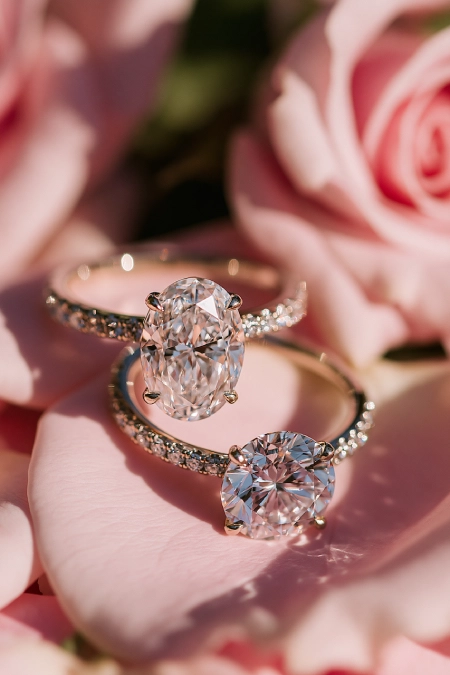 Oval Engagement Ring Obsession: Why This Cut Is Everyone's Main Character Right Now 4 Oval and round diamond engagement rings in yellow gold with pavé bands displayed on soft pink rose petals in romantic light