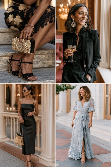 Collage of rehearsal dinner accessories and outfit ideas with elegant dresses, tailoring, and statement pieces