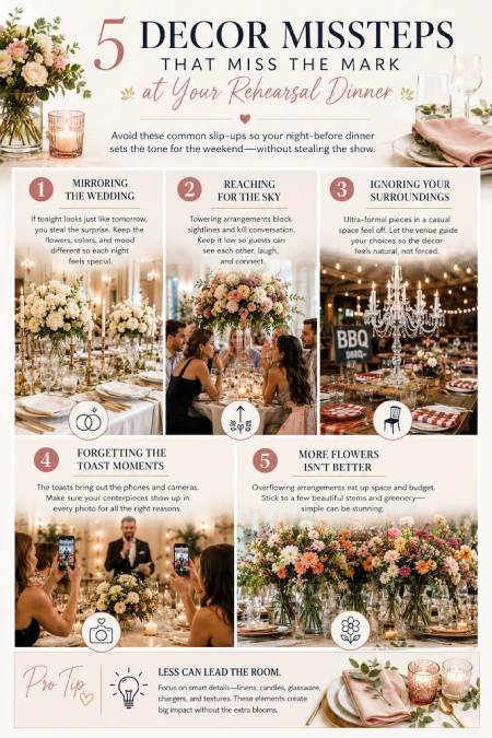 Rehearsal Dinner Centerpieces That Understood the Assignment: Easy Ideas for the Night Before the Big Night 11 Infographic highlighting five rehearsal dinner decor mistakes that can make your wedding reception feel repetitive