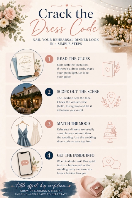 Wedding infographic explaining how to choose the right rehearsal dinner outfit using four simple dress code tips