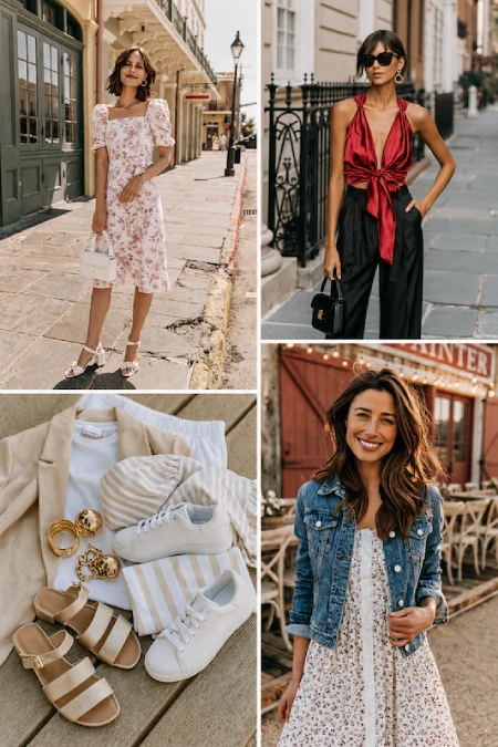 Collage of rehearsal dinner outfit ideas featuring floral dresses, chic separates, casual layers, and accessories