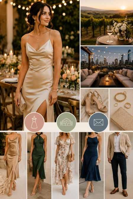 Rehearsal dinner outfit mood board with champagne satin slip dress, guest attire ideas, and elegant evening venue inspiration