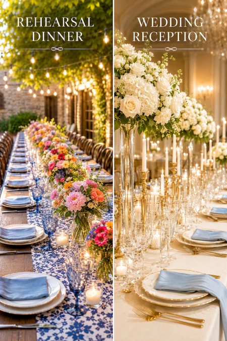 Rehearsal Dinner Centerpieces That Understood the Assignment: Easy Ideas for the Night Before the Big Night 2 Split image about Rehearsal Dinner Centerpieces comparing colorful outdoor rehearsal dinner decor with elegant white floral wedding reception tablescape