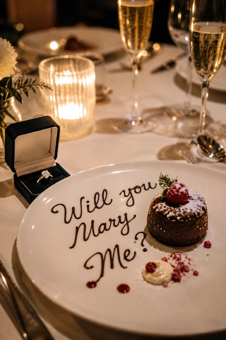 Proposal Ideas: 40 Ways to Pop the Question She'll Never Stop Talking About 6 Romantic restaurant proposal with engagement ring box, candlelight, champagne, and dessert plate reading Will you Marry Me?