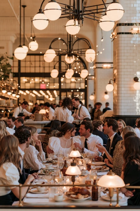Guests enjoy an elegant dinner in a bustling restaurant reception space with globe lighting and warm ambiance