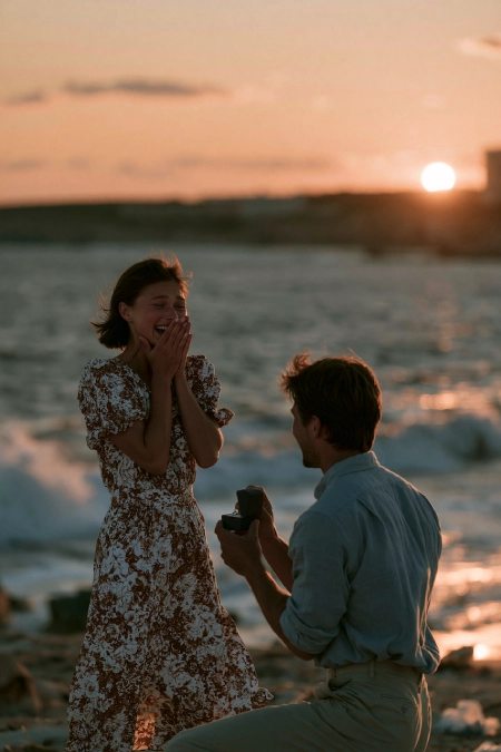 Proposal Ideas: 40 Ways to Pop the Question She'll Never Stop Talking About 3 Romantic beach proposal at sunset with a man kneeling and presenting an engagement ring as his surprised partner smiles
