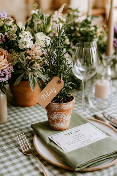 Sage Green and Terracotta Wedding: The Earthy Duo That Understood the Assignment 10 Rosemary herb wedding place card in a terracotta pot on a green tablescape with florals, candles, and elegant place setting