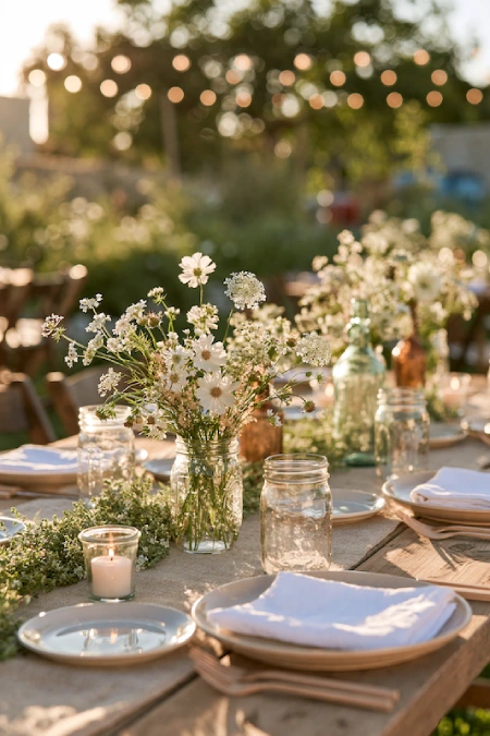 Rehearsal Dinner Centerpieces That Understood the Assignment: Easy Ideas for the Night Before the Big Night 10 Rustic backyard rehearsal dinner table with wildflowers in mason jars and string lights at golden hour