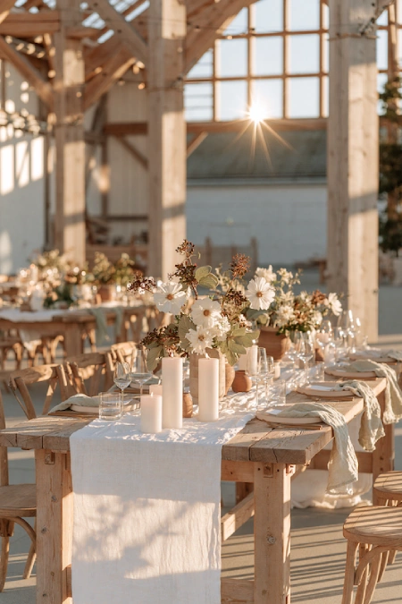 Sage Green and Terracotta Wedding: The Earthy Duo That Understood the Assignment 12 Rustic wedding reception tables with white runners, candles, florals, and warm golden sunlight inside a timber barn venue