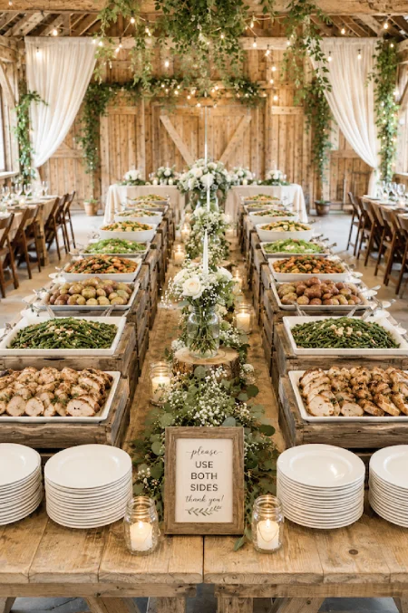 Rustic wedding buffet with mirrored double sided serving line, greenery, candles, and elegant farmhouse reception decor