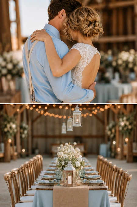 Dusty Blue and Sage Green Wedding Decor: The Color Pairing That Has Brides Completely Obsessed Right Now 11 Rustic wedding couple embracing and barn reception with dusty blue linens, lanterns, white florals, and glowing string lights.