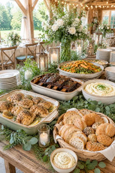 Rustic wedding buffet with roasted chicken, ribs, fresh bread, mashed potatoes, and elegant greenery centerpiece display