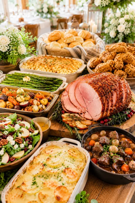 Rustic wedding buffet ideas with glazed ham, fried chicken, potato gratin, asparagus, salads, and comforting family-style sides