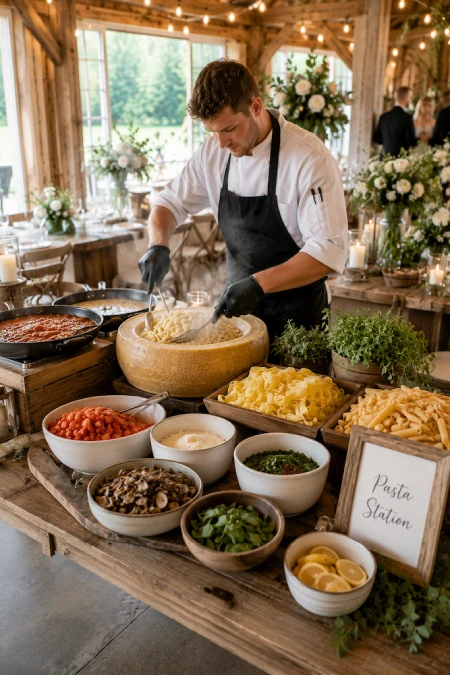 Chef preparing fresh pasta at a rustic wedding pasta station with gourmet toppings and elegant farmhouse reception decor