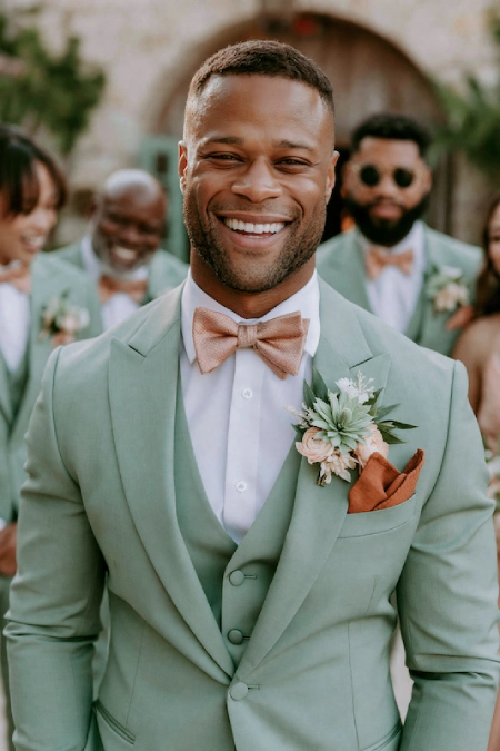 Sage Green and Terracotta Wedding: The Earthy Duo That Understood the Assignment 8 Groom in a sage green tuxedo with blush bow tie and terracotta pocket square standing with his wedding party outdoors