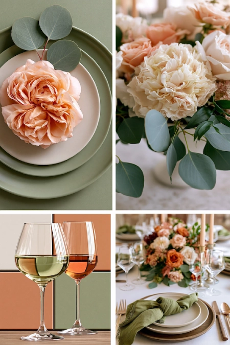 Sage Green and Terracotta Wedding: The Earthy Duo That Understood the Assignment 11 Four panel collage of sage and terracotta wedding palette with florals, place setting, wine glasses, and reception centerpiece