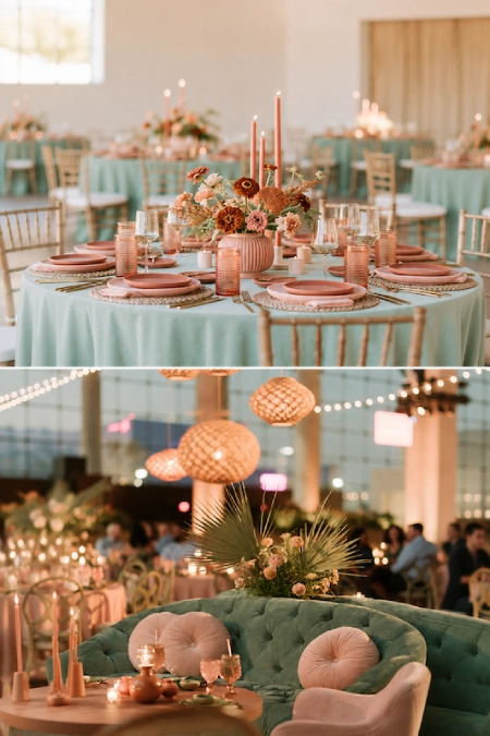 Sage Green and Terracotta Wedding: The Earthy Duo That Understood the Assignment 15 Comparison of sage and terracotta wedding reception styling with elegant tablescapes, candles, lounge seating, and floral decor