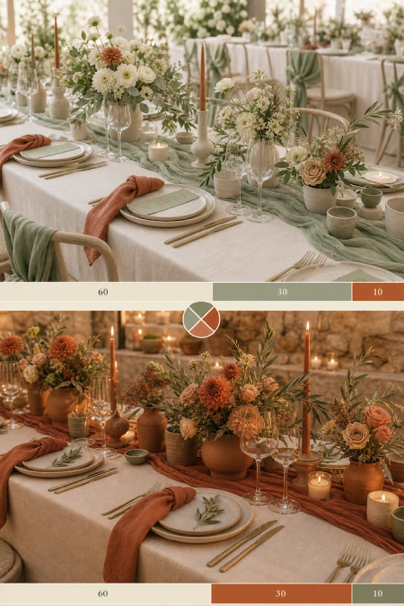 Sage Green and Terracotta Wedding: The Earthy Duo That Understood the Assignment 4 Wedding tablescape comparison for Sage Green and Terracotta Wedding with soft sage and terracotta palettes featuring florals, candles, layered linens, and color swatches