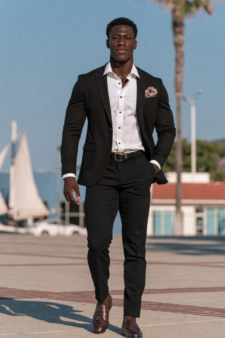 Man in a tailored black suit with open-collar shirt and loafers for stylish semi-formal rehearsal dinner attire