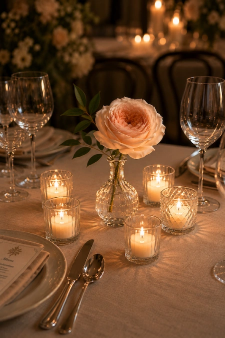 Single blush garden rose in a bud vase surrounded by votive candles creates a romantic minimalist wedding centerpiece