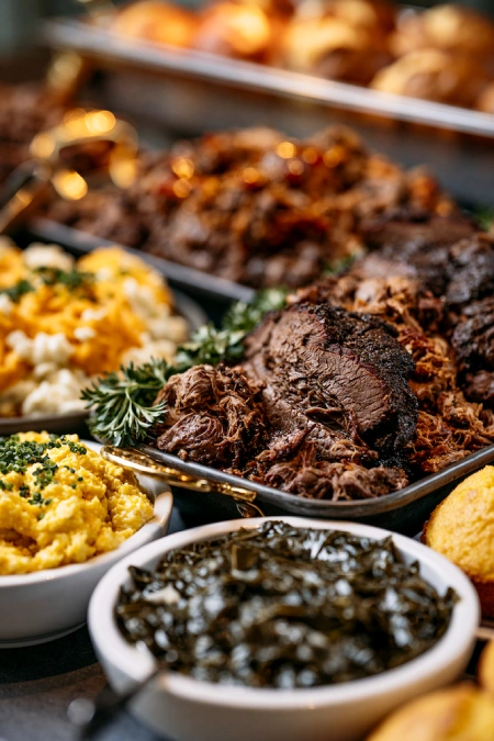 Close up of brisket, pulled pork, collard greens, mac and cheese, and Southern sides on a rustic wedding buffet table
