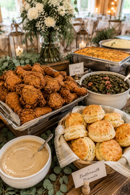 Southern wedding buffet with crispy fried chicken, buttermilk biscuits, collard greens, gravy, and comforting classic sides
