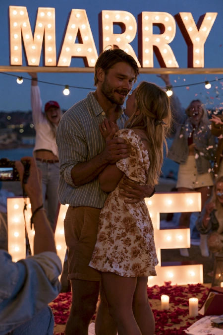 Proposal Ideas: 40 Ways to Pop the Question She'll Never Stop Talking About 11 Couple celebrates surprise marriage proposal with glowing marquee letters, candles, rose petals, and cheering friends at dusk