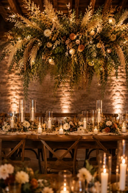 Suspended floral installation with pampas grass, greenery, and candlelit tables creates a dramatic fall wedding reception