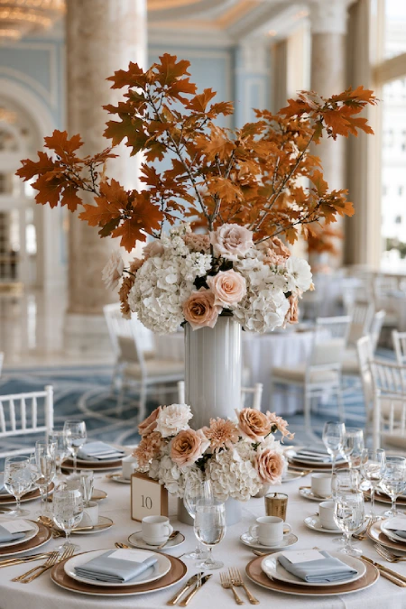 Tall fall wedding centerpiece with white hydrangeas, blush roses, and autumn oak branches in an elegant ballroom reception