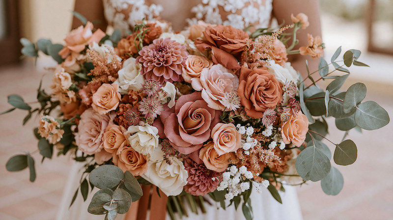 Wedding Decor 5 Bride holding a terracotta wedding bouquet with roses, dahlias, eucalyptus, and warm blush florals in soft tones