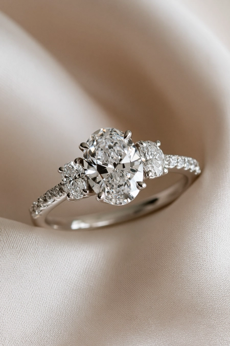 Oval Engagement Ring Obsession: Why This Cut Is Everyone's Main Character Right Now 12 Three stone oval diamond engagement ring with pavé band on soft ivory fabric, featuring matching oval side stones in close-up