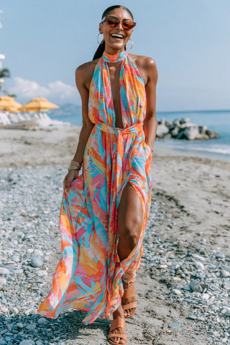 Woman in a colorful tropical maxi dress walking along the beach for a destination rehearsal dinner look