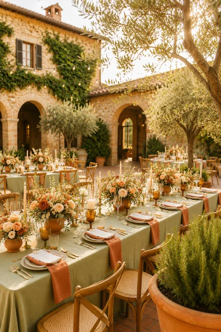 Sage Green and Terracotta Wedding: The Earthy Duo That Understood the Assignment 14 Tuscan courtyard wedding reception with sage green linens, terracotta accents, floral centerpieces, and golden evening light